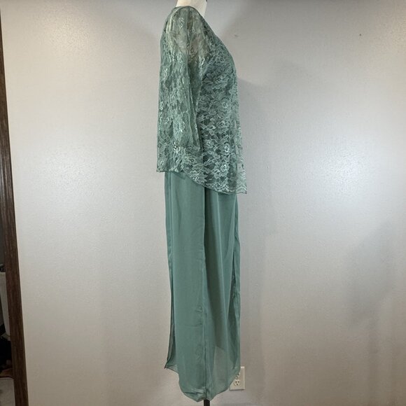 Womens Size 8 Sage Green Floral Lace Chiffon 3 Pc Pant Suit with Jacket Wide Leg - Picture 4 of 16